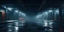 Midnight Basement Parking Area Or Underpass Alley. Wet, Hazy Asphalt With Lights On Sidewalls. Crime, Midnight Activity Concept. Generative AI.