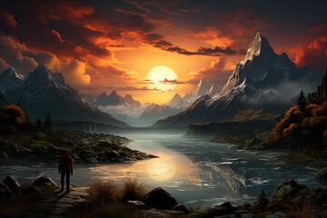 Poster -  a person stands with his back in the nordic fjord mountains and watches to the horizon at a beautiful sea lake in the sunset.  Generative AI technology.