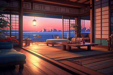 Poster -  a beautiful japanese house interior at sea water in the evening. anime cartoonish artstyle. cozy lofi asian architecture.  Generative AI technology.
