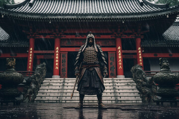 Poster -  a epic samurai with a weapon sword standing in front of a old japanese temple shrine. rainy day with grey sky and tones.  Generative AI technology.