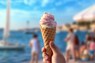 Wall Mural -  a person holding a vanilla gelato ice cream cone in his hand on a beach. family and friends people blurred in the background.  Generative AI technology.