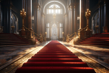 Aufkleber -  a empty red carpet waiting for the arrival of the famous star celebrities. paparazzi and journalists with photo and video cameras.  Generative AI technology.