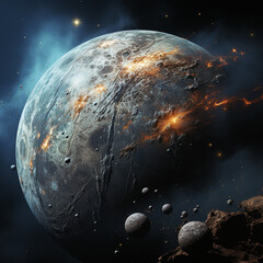 Poster - An image of Jupiter's moon Ganymede, showcasing its complex surface with a mixture of older, heavily cratered regions and younger, grooved terrains.  Generative AI technology.