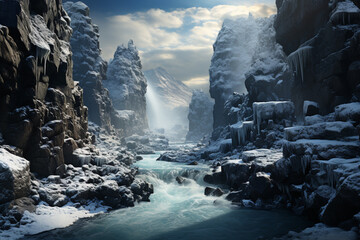 Aufkleber - A photograph capturing a cascading waterfall frozen in time, with icicles adorning the edges, creating a surreal winter wonderland. Generative AI technology.