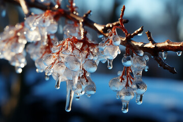 Poster - A scene featuring a cluster of icicles hanging from a tree branch, resembling a delicate chandelier of ice crystals.  Generative AI technology.