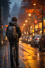 Poster - A photograph of a cyclist waiting at a traffic light, showcasing the integration of traffic management systems for different modes of transportation. Generative AI technology.