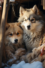 Aufkleber -  A serene photograph of snow huskies resting in a sheltered area, their breath visible in the cold air as they recharge.  Generative AI technology.