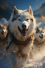 Aufkleber -  A captivating image of a snow husky team pulling a sled across a frozen lake, epitomizing their teamwork and dedication.  Generative AI technology.