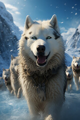 Aufkleber -  A captivating image of a snow husky team pulling a sled across a frozen lake, epitomizing their teamwork and dedication.  Generative AI technology.