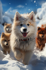 Aufkleber -  An adorable snapshot of snow husky puppies playing joyfully in the snow, capturing their boundless energy and curiosity. Generative AI technology.