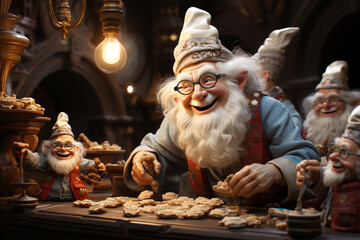 Poster - A joyful scene of elves baking an array of delicious holiday cookies, their mischievous expressions adding charm to the moment  Generative AI technology.