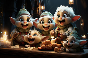 Poster - A joyful scene of elves baking an array of delicious holiday cookies, their mischievous expressions adding charm to the moment  Generative AI technology.