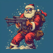 Santa Claus Holding Automatic Machine Gun On Blue Background Illustration 