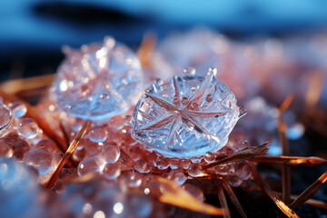 Aufkleber -  A close-up photograph of a spider's web covered in frost, with each delicate strand sparkling with icy crystals.  Generative AI technology.