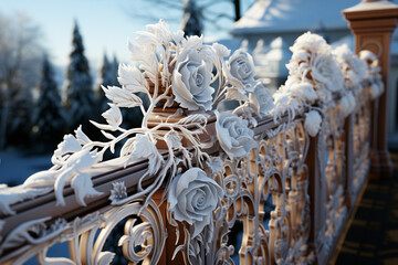Aufkleber -  A photograph of frost creating intricate lace-like patterns on a metal railing, adding an elegant touch to the scene.  Generative AI technology.