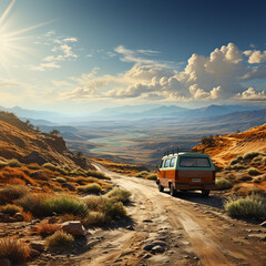 Aufkleber - A serene capture of a van parked at a scenic overlook, with expansive vistas stretching out in the background.  Generative AI technology.