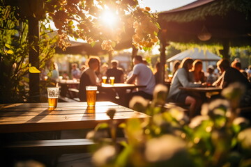 outdoor beer garden bar with people in golden hour sunshine 