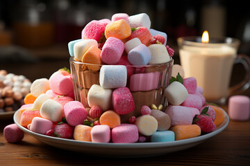 Aufkleber -  A creative arrangement of marshmallows cut into different shapes and sizes, showcasing their versatility in presentation.  Generative AI technology.