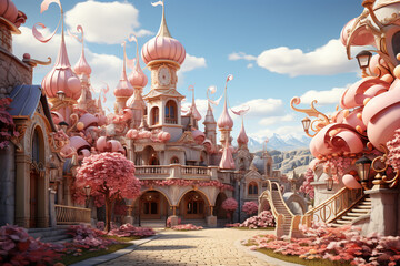 Poster - A scene of a fairground carousel adorned with oversized marshmallow decorations, adding a touch of whimsy to the ambiance.  Generative AI technology.