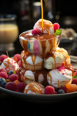 Aufkleber - A close-up shot of marshmallows being dipped into a molten chocolate fondue, showcasing an interactive and indulgent dessert.  Generative AI technology.