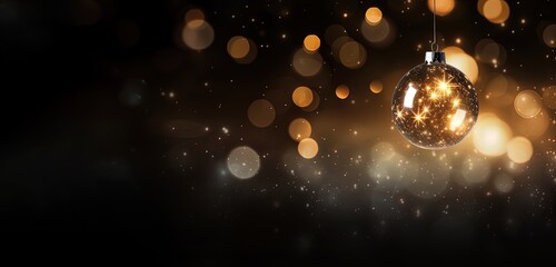 golden christmas star on bokeh black background. xmas card with gold star shining discretely on a da