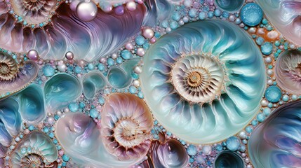 Poster - Seamless texture of Pearlescent ocean ammonite, soft pastel color shades, abstract fossil pattern, macro closeup fractal details, seashell mollusk spirals - generative ai