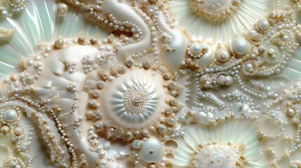 Poster - Seamless texture of Pearlescent ocean ammonite, soft pastel color shades, abstract fossil pattern, macro closeup fractal details, seashell mollusk spirals - generative ai