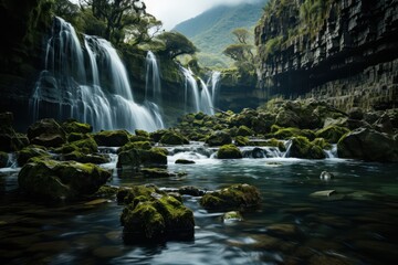 Wall Mural - River rapids surrounded by northern forest and mountains at morning 3D render. Beautiful nature landscape, scenic outdoor background, serenity and calmness. Generative Ai.