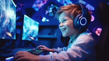 Wall Mural - Boy playing professional videogames with headphones created with Generative AI.