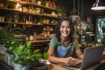 Businesswoman in cafe, smiling, working on laptop, eye contact, successful small business owner.