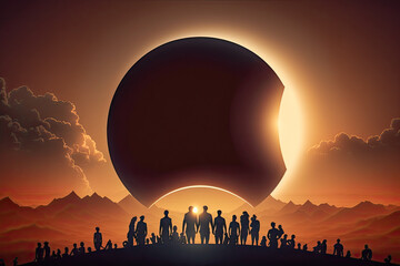 Sticker - Silhouettes of People watching a total solar eclipse - Generative AI