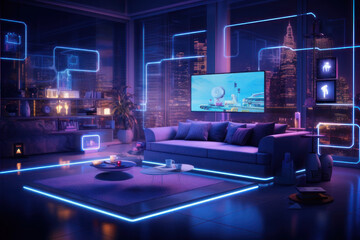 Smart House. Smart home interior with augmented reality. AI generative.