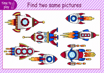 A logical puzzle for children. find two identical objects. A suitable game, an educational game for children. Vector design of a worksheet for preschoolers