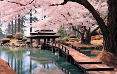 Wall Mural - wooden bridge over the pond and under Japanese cherry blossom created with Generative AI technology