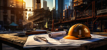 Yellow Hard Hat On The Plans For House Construction. City Street At Sunset At Backdrop In Blur.