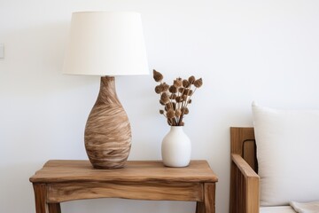 Contemporary lamp and white wall ornamentation complement the rustic wooden furniture.