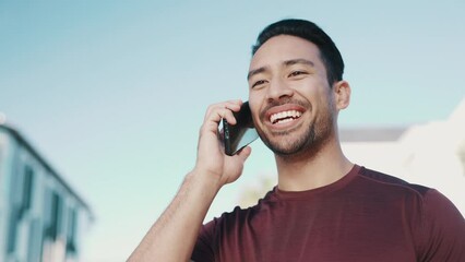 Poster - Happy asian man, phone call and city for communication, networking or outdoor conversation. Friendly male person smile talking on mobile smartphone in discussion, chat or contact in an urban town