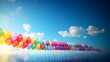 Viele bunte Luftballons in Reihe mit Himmel im Hintergrund mit Textfreiraum, ai generativ