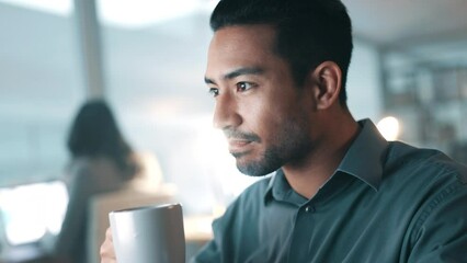 Fototapete - Drink, office and business man with coffee, reading screen for online information, research and analysis at night. Dark, relax and male person with tea working on planning, problem solving or project
