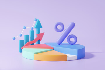 Poster - 3D chart icon with percentage proportion data analytics optimization growth statistics finance graph business development concept. on purple background. minimal cartoon. 3d render illustration.