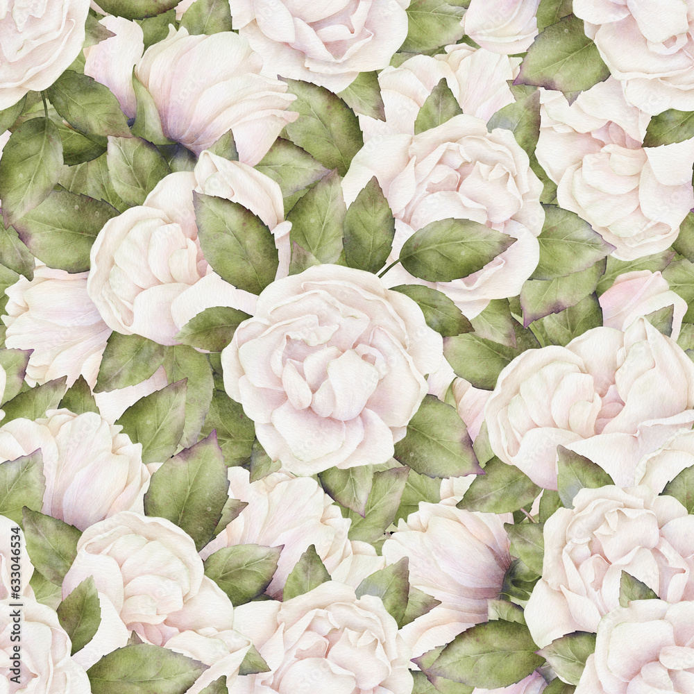 Seamless delicate pattern of watercolor white-pink roses with green ...