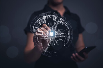 Fototapete - Business people are using artificial intelligence technology AI to help their work. searching for information and the creation of works from databases on the world through the Internet network.