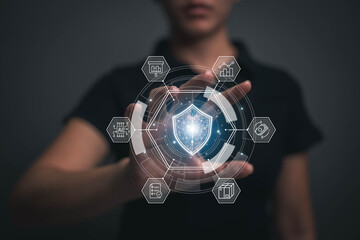 Poster - Businesswoman locking sensitive financial data for cyber security protection. cyber security concept User Privacy Security and Encryption Future technology and cybernetics lock screen key.