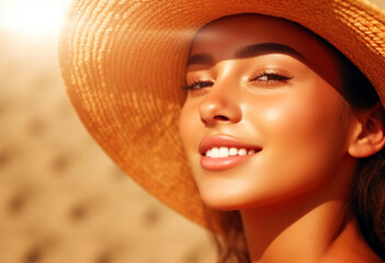 Beach Woman in Sun Hat on Vacation