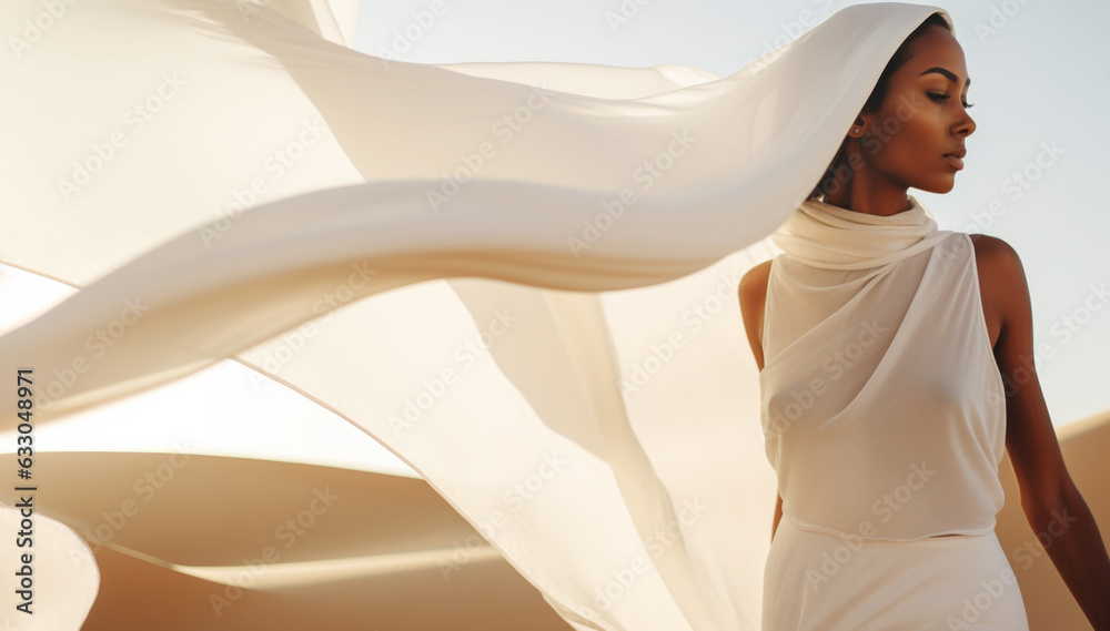 Woman in a long white dress walking in the desert with flowing fabric ...