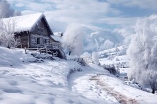 Winter Scene In Mountains With Old Wooden House. Abandoned Cabin In The Mountains With A Snow.