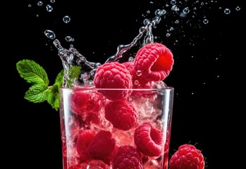 Sticker - Raspberry juice splash in glass isolated on black background