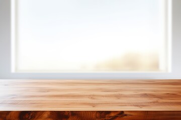 Wooden table in kitchen with defocussed white window, in the style of minimalist backgrounds