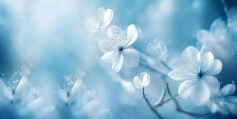 Wall Mural - etheral, abstract, romantic, art, wintery background with white flowers, dreamy bokeh bright backgro