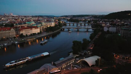 Canvas Print - Aerial view of Prague city with Vltava River Czech Republic during sunset